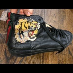 black leather tiger web GUCCI sneakers